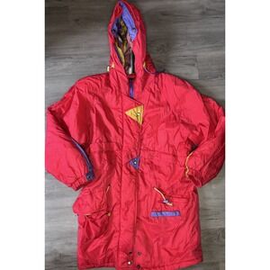 Vintage Womens Braetan Red Aztec Hood Ski Parka Long Jacket